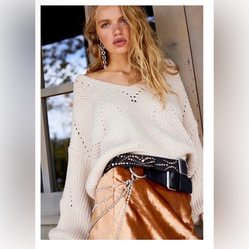 Free People All Day Long V-neck Cotton Blend Fall Chunky Knit Sweater Size SP